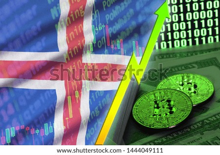 Iceland flag and cryptocurrency growing trend with two bitcoins on dollar bills and binary code display