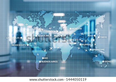 Aviation wallpaper with planes over the map with major city names. Digital map with planes around the world concept.