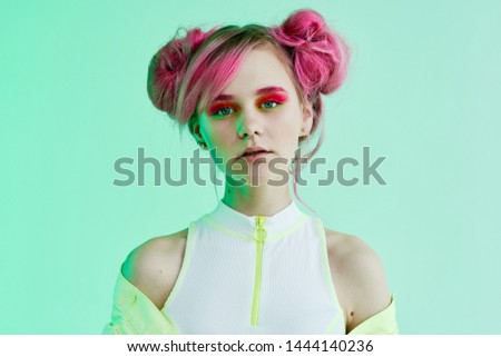 serious woman with pink hair portrait