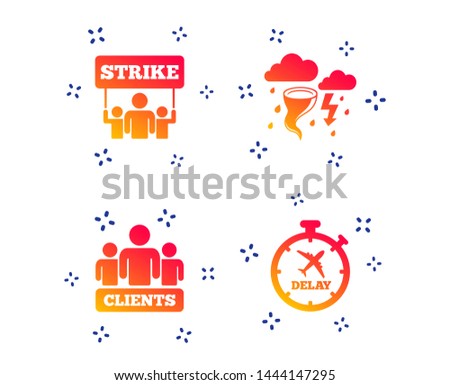 Strike icon. Storm bad weather and group of people signs. Delayed flight symbol. Random dynamic shapes. Gradient strike icon. Vector