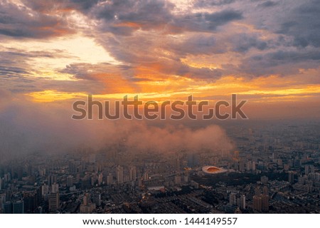 Aerial photography of dramatic clouds at sunset in Shanghai