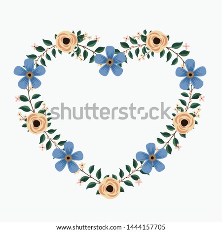 Floral greeting card and invitation template for wedding or birthday anniversary, Vector heart shape of text box label and frame, Blue flowers wreath ivy style with branch and leaves.
