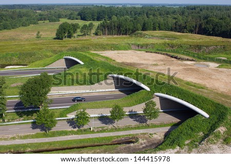 Aerial view of a animal or wildlife overpass crossing a highway Royalty-Free Stock Photo #144415978