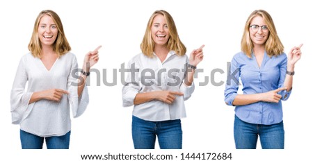 Collage of beautiful blonde business woman over white isolated background with a big smile on face, pointing with hand and finger to the side looking at the camera.