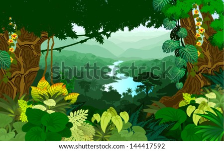 Vector River in Jungle Rainforest Royalty-Free Stock Photo #144417592
