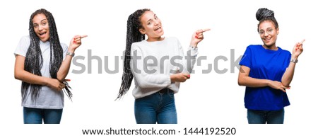 Collage of beautiful braided hair african american woman over isolated background with a big smile on face, pointing with hand and finger to the side looking at the camera.