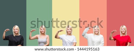 Collage of beautiful blonde woman over vintage isolated background gesturing with hands showing big and large size sign, measure symbol. Smiling looking at the camera. Measuring concept.