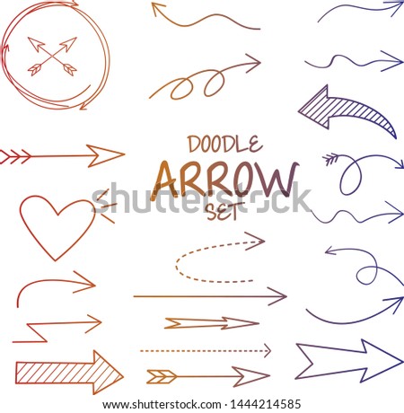  rainbow gradient line drawing of doodle arrow set , vector illustration