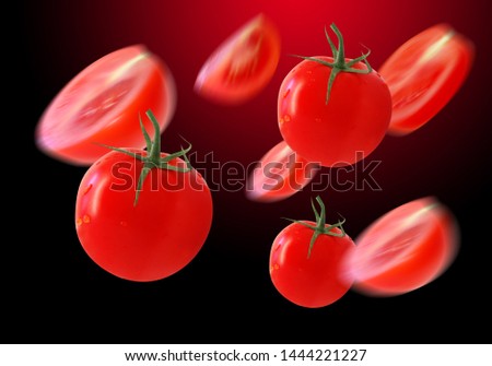 Flying tomatoes. The concept of an advertising banner falling dynamics. Eating healthy lifestyle concept. Healthy vegetarian eating and cooking.