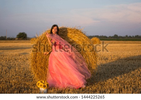 young woman in beautiful pink dress on hay beauty sunset field nature