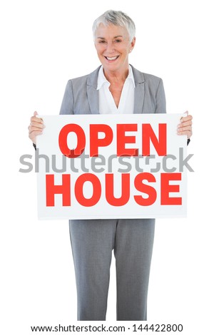 Estate agent holding sign for open house on white background