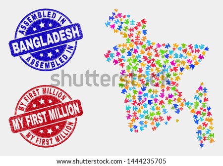 Element Bangladesh map and blue Assembled seal stamp, and My First Million textured seal stamp. Colorful vector Bangladesh map mosaic of bundle elements. Red round My First Million seal.