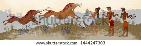 Minoan civilization. Ancient Greece frescos. Jumping bulls and people. Ancient Crete. Heraklion. Knossos murals mythology  Royalty-Free Stock Photo #1444247303