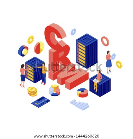 CRM database isometric vector illustration. Client data storage, marketing automation software 3d concept isolated on white background. Ecommerce digital technology. Customer managers working