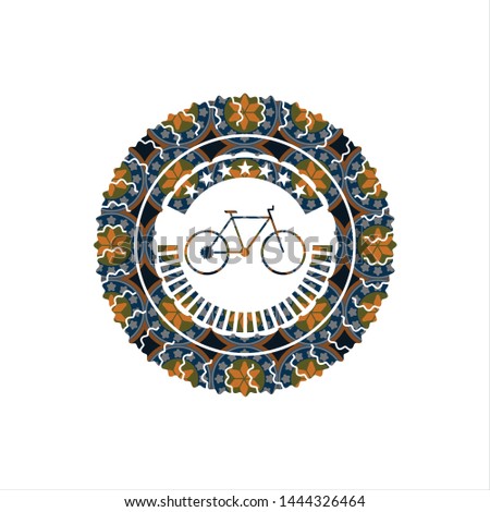 bike icon inside arabic style badge. Arabesque decoration.