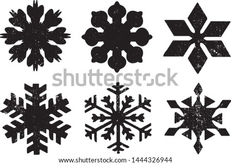 Grunge Snowflakes Stamps Collection. Can be used as Banners, Insignias or Badges. Vector Distressed Textures Set. Blank Geometric Shapes. Vector Illustration. Isolated on white background. EPS10.