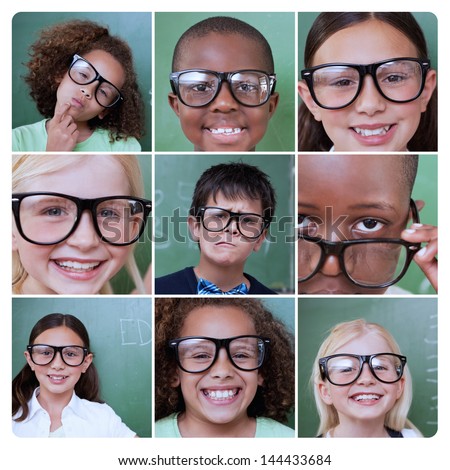 Collage of different pictures of smiling pupils wearing reading glasses