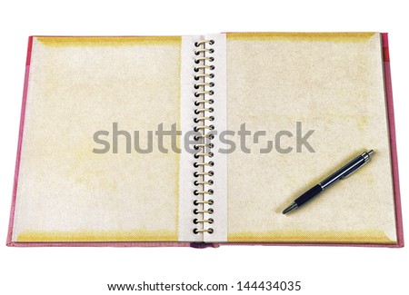 Open old book with pen isolated on white background