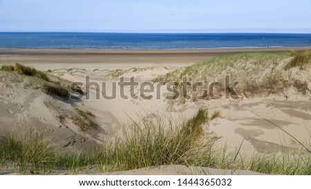 In the dunes overlooking the beach and the sea without people in the foreground dune grass