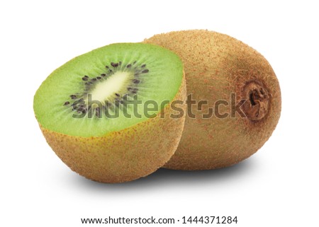 Ripe whole kiwi fruit and half isolated on white background with clipping path.
