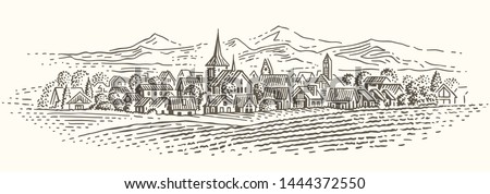 European village landscape illustration. Isolated, vector.  Royalty-Free Stock Photo #1444372550