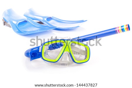 Scuba snorkeling blue diving set. Top view. Isolated on white.