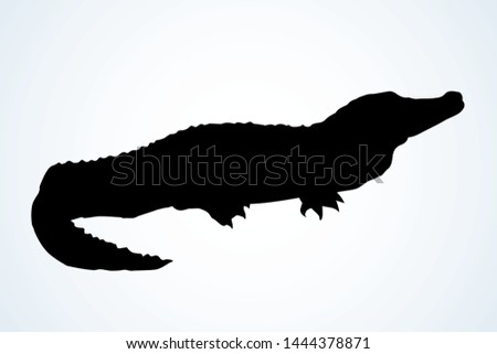 Squamate nile old giant rough scaly Crocodylia on white sand. Dark ink hand drawn zoo logo emblem pictogram insignia in retro art contour etched cartoon print style on paper space for text
