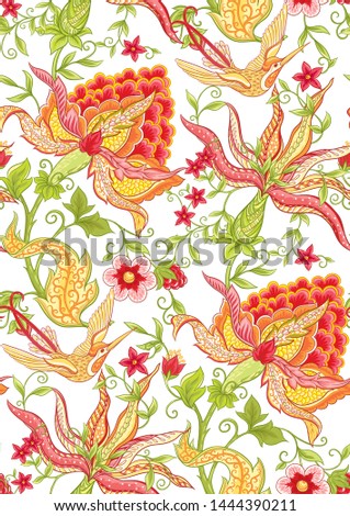 Fantasy flowers, traditional Jacobean embroidery style. Seamless pattern, background. Vector illustration in bright red and green colors isolated on white background.	