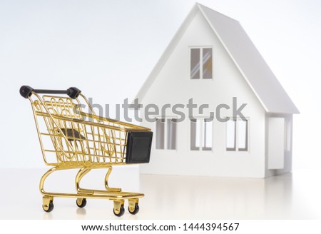 Buying a home. Shopping cart against the background of the building. White cottage. Shopping for the home. Property For Sale. Realtor services. Buying a cottage.