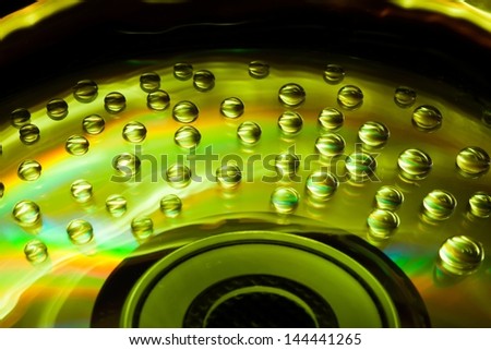 Abstract music background, colorful water drops on CD/DVD disc