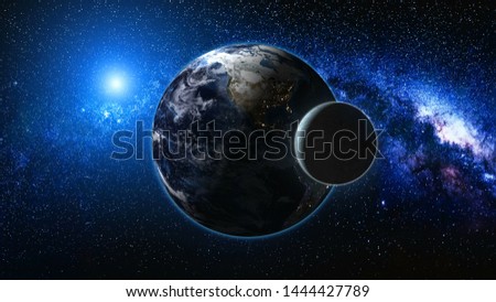 Sunrise view from space on Planet Earth and Moon. World rotating on its axis among stars. High detailed 4k 3D Render animation. Elements of this image furnished by NASA. Astronomy and science concept.