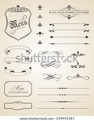 This image is a vector file representing a set of calligraphic and page decoration elements