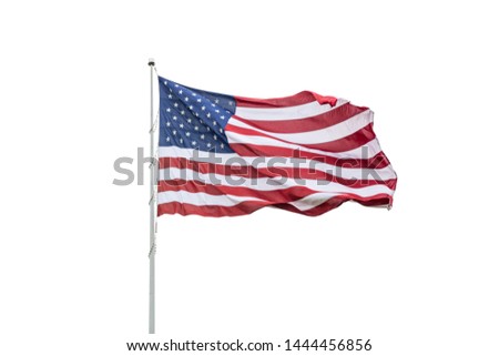 American flag on a pole waving, white background. US of America symbol sign isolated on white