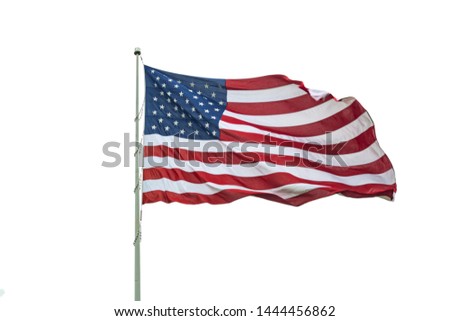American flag on a pole waving, white background. US of America symbol sign isolated on white