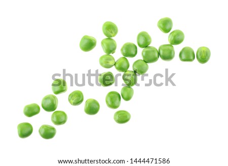 Fresh green peas on a white background, top view. Royalty-Free Stock Photo #1444471586