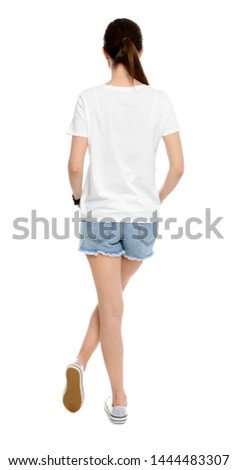 Young woman in t-shirt on white background. Mock up for design