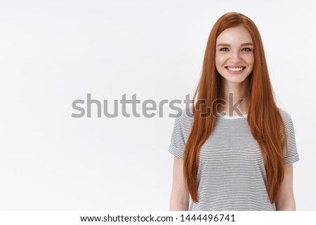 Charming friendly pleasant redhead girl university student smiling happily camera look energized participate dance class learning new hobby standing white background entertained, lifestyle concept Royalty-Free Stock Photo #1444496741