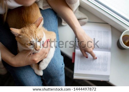 young pretty girl covered with a blanket sits at the window with her cat, reads a book and drinks tea, she teaches the cat to read, copy space for text