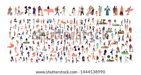 Crowd of flat illustrated people. Dancing, surfing, traveling, walking, working, playing, fashion people set. Vector big set Royalty-Free Stock Photo #1444538990