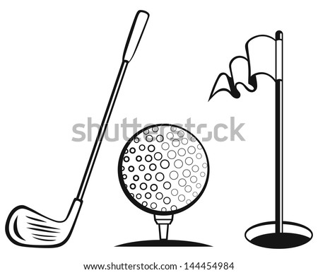 Golf icon set. Golf flag, golf ball and golf stick. Raster version