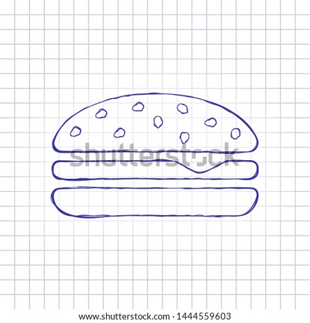 Hamburger icon. Fast food. Hand drawn picture on paper sheet. Blue ink, outline sketch style. Doodle on checkered background