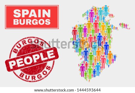 Demographic Burgos Province map abstraction. People color mosaic Burgos Province map of men, and red rounded scratched stamp seal. Vector collage for national community report.