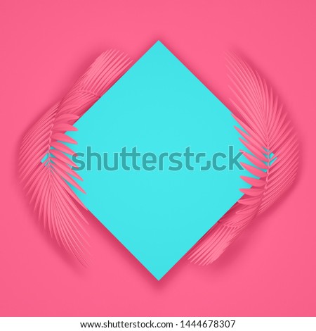 Abstract pastel pink and blue modern background of a square frame surrounded by two rounded fluffy palm leaves. 3D illustration.3D render