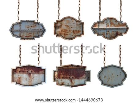 Collection set of metal plate sign board with chains isolated on white background