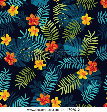 Tropical Summer seamless pattern. Fern, monstera leaves, hibiscus flowers. Bright jungle seamless background. Vivid optimistic juicy colors. Repeat pattern backdrop. Editable vector, clipping mask