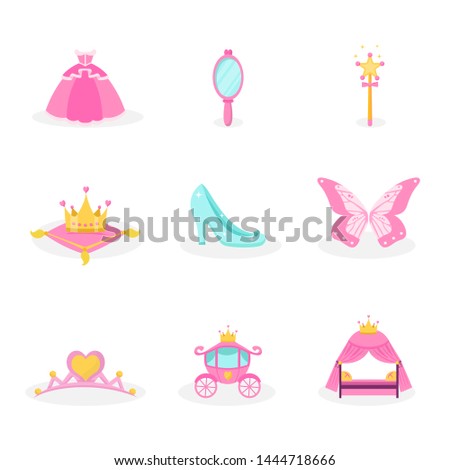 Princess items vector illustrations set. Pink fairy tales icons collection. Royal girl accessory symbols isolated design elements. Dress, mirror, crown, tiara, carriage, shoe decorative stickers