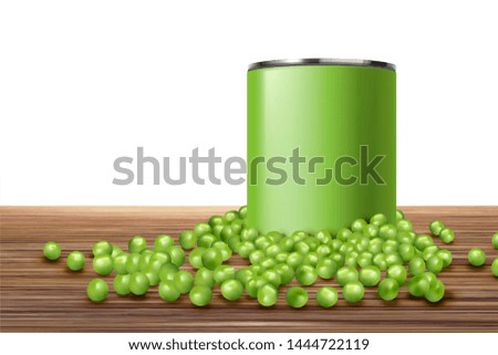 Canned young peas mockup in 3d illustration on wooden table