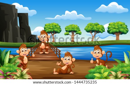 Monkeys cartoon hanging out on the wooden bridge
