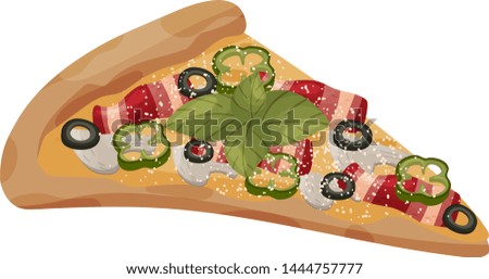 Slice of pizza with bacon and mushrooms. Vector illustration on white background.
