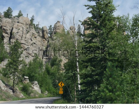 Scenic drive with roadside warning signs and speed limit signs with a view of granite mountains and rock formations along Needles Highway.